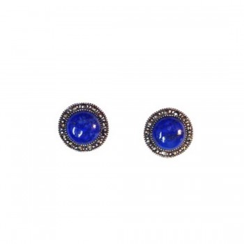 Marcasite Earrings Round Lapis Blue with Marcasite Outline