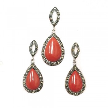 Marcasite Set Red Jasper Teardrop Marcasite Outline with Marquise