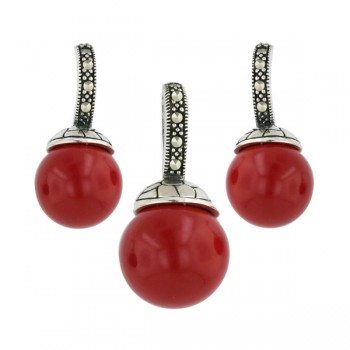 Marcasite Set 12mm Red Coral with Oxidized Top+Marcasite