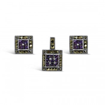MARCASITE SET SQUARE MS WITH AMETHYST CUBIC ZIRCONIA CENTER
