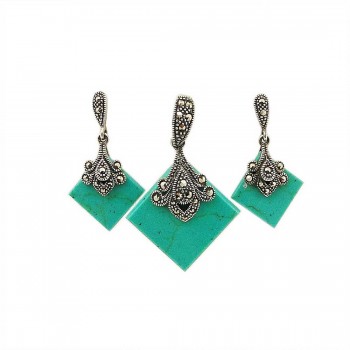 Marcasite Set 28X28mm Faux Turquoise Rhombus with Flower Motif To