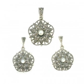 Marcasite Set 16-16mm Filigree Round White Mother of Pearl Ctr with Marcasite