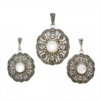 Marcasite Set 22-22mm Round Filigree with 7mm White Mother of Pearl Cen