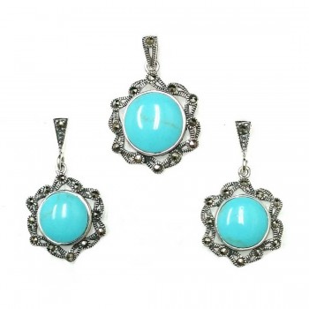 Marcasite Set Round Reconstituent Turquoise with Marcasite Around Form Flower