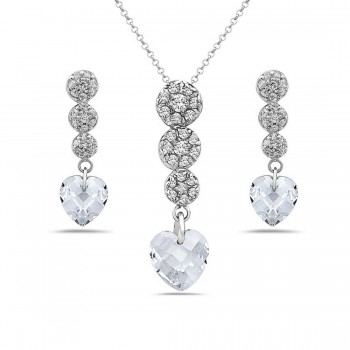 Sterling Silver Set 3 Graduated Clear Cubic Zirconia Top+Clear Cubic Zirconia Chess Cut Hea