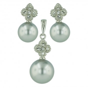 Sterling Silver Pendant 11.5mm+Earring 9.5mm Gray Glass Pearl with Clear Cubic Zirconia