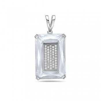 Sterling Silver PENDANT 32X22MM  CLEAR Cubic Zirconia RECTANGULAR WITH 4 PRONG