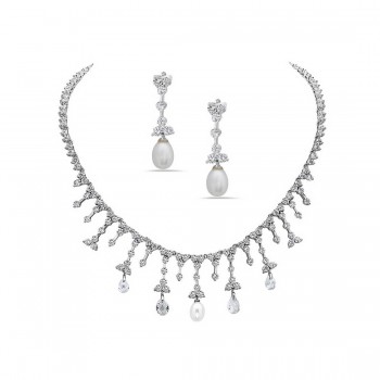 Sterling Silver Necklace+Earring Set Clear Cubic Zirconia Raindrop with 5 Oval