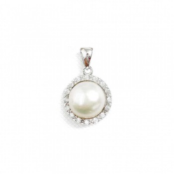 Sterling Silver PENDANT 10MM Fresh Water Pearl CENTER CLEAR Cubic Zirconia SURROUND