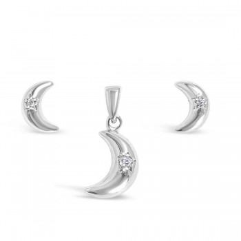 Sterling Silver Set Plain Silver Moon Clear Cubic Zirconia Star