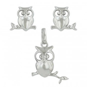Sterling Silver Set Plain Owl on Branch Stud Open Eyes -Rhodium Plating-