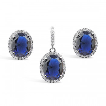 STERLING SILVER SET OVAL SAPPHIRE GLASS AROUND BAIL WITH CUBIC ZIRCONIA
