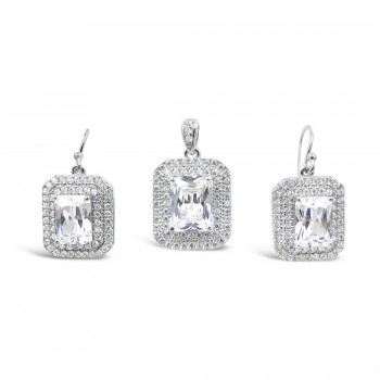 STERLING SILVER SET RECTANGULAR CLEAR CUBIC ZIRCONIA DOUBLE CUBIC ZIRCONIA LINES