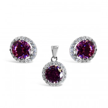 Set Earring And Pendant Round Pink Cubic Zirconia With Clear Cubic Zirconia