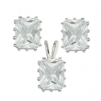 Sterling Silver Set 10X8mm Clear Cubic Zirconia Rectangular with 14 Prongs