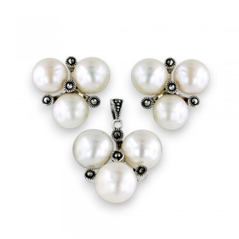 Marcasite Pendant 10mm+Earring 9mm Triple White Fresh Water Pearl with 4 Dots