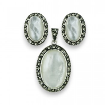 Marcasite Pendant 25X16mm+Earring 16X10mm White Mother of Pearl Oval Caboch