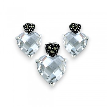 Marcasite Set Earring+Pendant Marcasite Heart Post with Clear Cubic Zirconia Hear