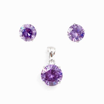Sterling Silver PENDANT 10MM+EARRING 8MM ROUND AMETHYCZ STUD 4