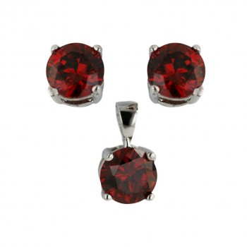Sterling Silver Pendant 10mm+Earring 8mm Round Garnet Cubic Zirconia Stud 4 Prongs