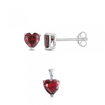 Sterling Silver Set 7X7mm Heart Garnet Cubic Zirconia Stud