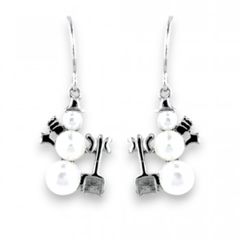 Sterling Silver Earring Snow Man Fresh Water Pearl Body with Shovel
