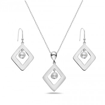 Sterling Silver Set Plain Open Rhombus with White Fresh Water Pearl Drop