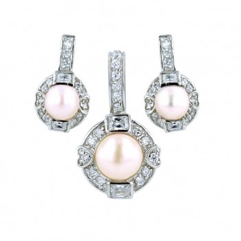 Sterling Silver Set Peach Fresh Water Pearl Clear Cubic Zirconia Surrounded with Heart+Rectangular.