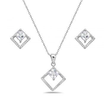 Sterling Silver Set 8mm Clear Cubic Zirconia Rhombus Princess Cut with Open Twist