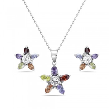 Sterling Silver Set Clear Cubic Zirconia 11.6-11.6mm Star Stud Earring+Pendant 15-15