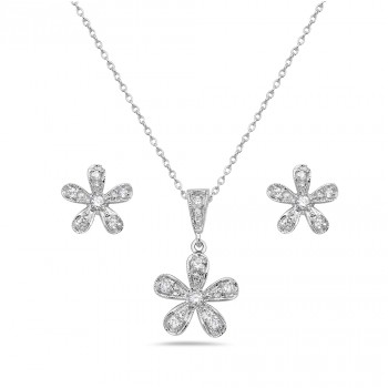 Sterling Silver Set Flower with Clear Cubic Zirconia