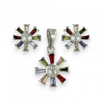 Sterling Silver Set Multicolor-Color Flower Clear Cubic Zirconia Center