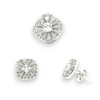 Sterling Silver Set Cushion Radiating Shape Clear Cubic Zirconia Center