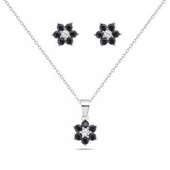 Sterling Silver SET OF FLOWER SIX PETALS CZ CENTER BLACK CZ ON