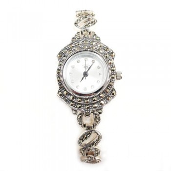 Marcasite Watch Rd White Face Circle+Oval Link Strap