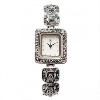 Marcasite Watch Square with Marcasite Dot Strap Rectangle White Face