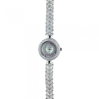 Sterling Silver Women Watches 25mm 7 Cubic Zirconia Motion Round Case+Clear C
