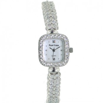 Sterling Silver Women Watches 22X20mm Rectangular Case+2 Sided Clear Cubic Zirconia
