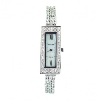 Sterling Silver Women Watches 37X16mm Oblong Rectangular Case+3 Row Clear