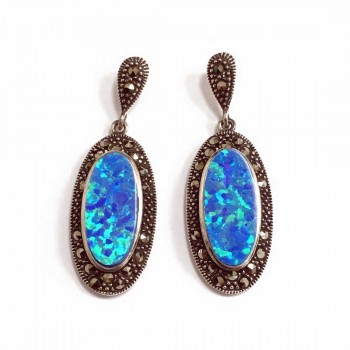 Marcasite Earring Oval Dangling Blue Opal