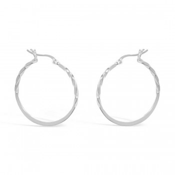 Sterling Silver Earrings 28mm Plain Round Twisted Half Way