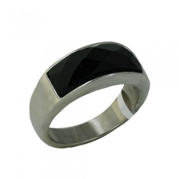 Stainless Steel Ring Wide Band Rec. Onyx Faceted