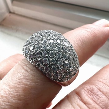 Brass Ring Dome Rhodium Plating Plated with Clear Cubic Zirconia Pave