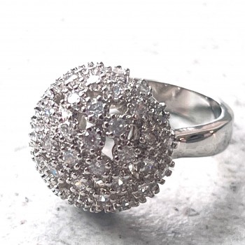 Brass Ring Dome W/Clear Cubic Zirconia Rhodium Plating 