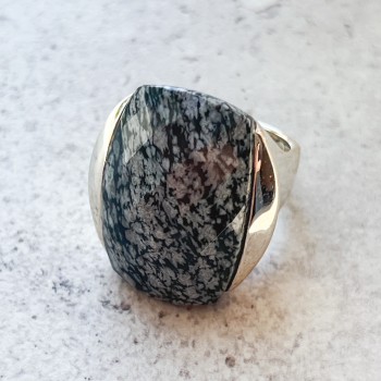 Sterling Silver Ring L=26mm Chess Cut Rectangular Snowflake Obsidian (#