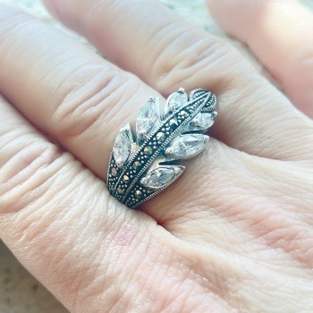 Marcasite Ring Leaf with Clear Cubic Zirconia