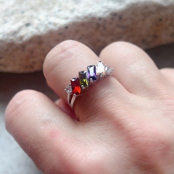 STERLING SILVER RING MULTICOLOR BAGUETTE RING WITH 2 CLEAR CUBIC ZIRCONIA