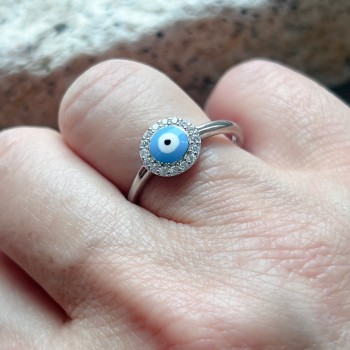 Sterling Silver Ring Light Blue Enamel Evil Eye with Clear Cubic Zirconia Around