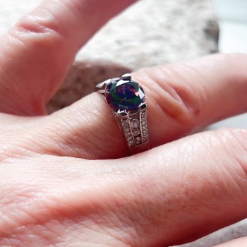 STERLING SILVER RING SOLITARE MYSTIC TOPAZ CUBIC ZIRCONIA WITH CLEAR CUBIC ZIRCONIA SID
