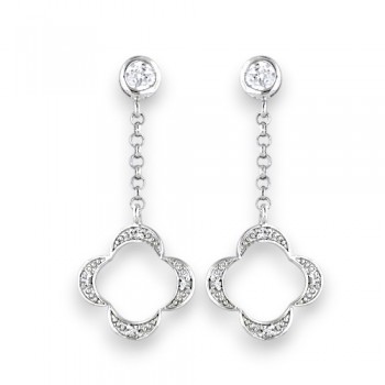 Brass Earring Open Clover Dagle Clear Cubic Zirconia Pave Around 4mm